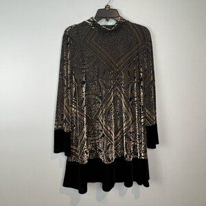 IC by Connie K Velvet Burnout Tunic Top Womens Size XL Long Sleeve Black Gold